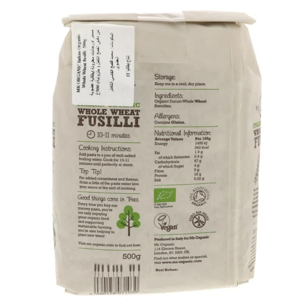 Mr. Organic Italian Organic Whole Wheat Fusilli Pasta 500 g