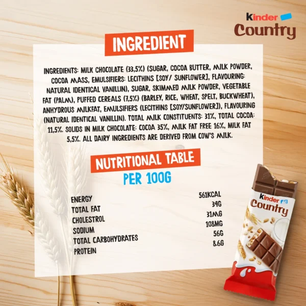 Kinder Country Milk Chocolate Bars With Milky Filling and Cereals 9 Bars 211.5 g