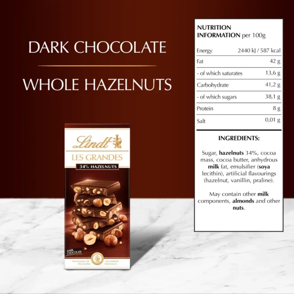 Lindt Les Grandes 34% Hazelnut Dark Chocolate 150 g