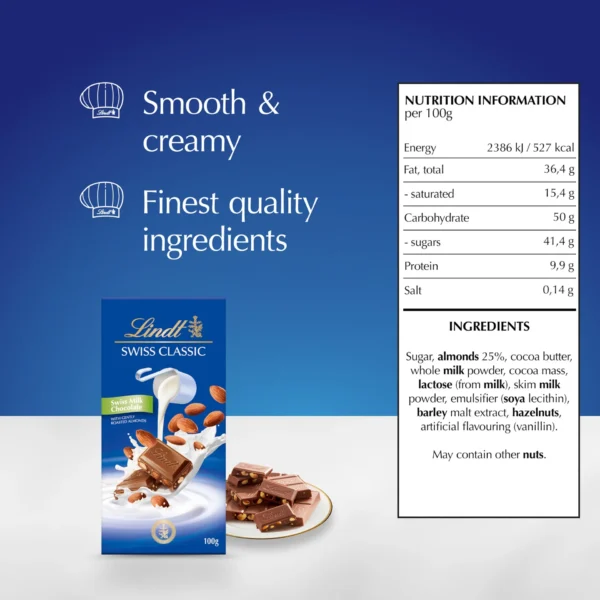 Lindt Swiss Classic Milk Chocolate with Almonds 100 g
